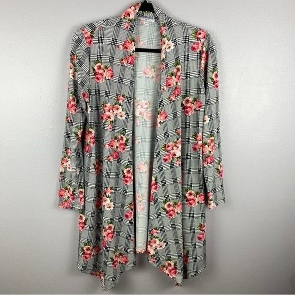 FRUMOS Plaid Floral Open Front Long Sleeve Cardigan Medium - Picture 2 of 11